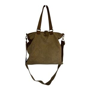 Anthropologie Jesslyn Blake Foundry Bag Taupe Gold Leather Silver Canvas